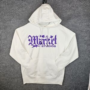 Market Studios White Pullover Hoodie with Purple Gothic Logo - NWT